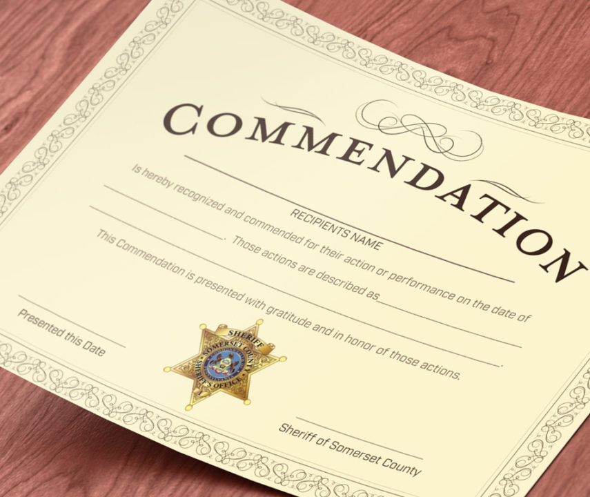 Somerset Sheriff Commendation Certificate